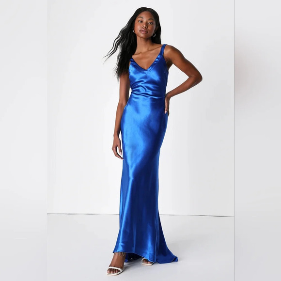 Lulus Perfectly Classy Royal Blue Satin Strappy Maxi Dress Wedding Party Prom - Picture 2 of 8